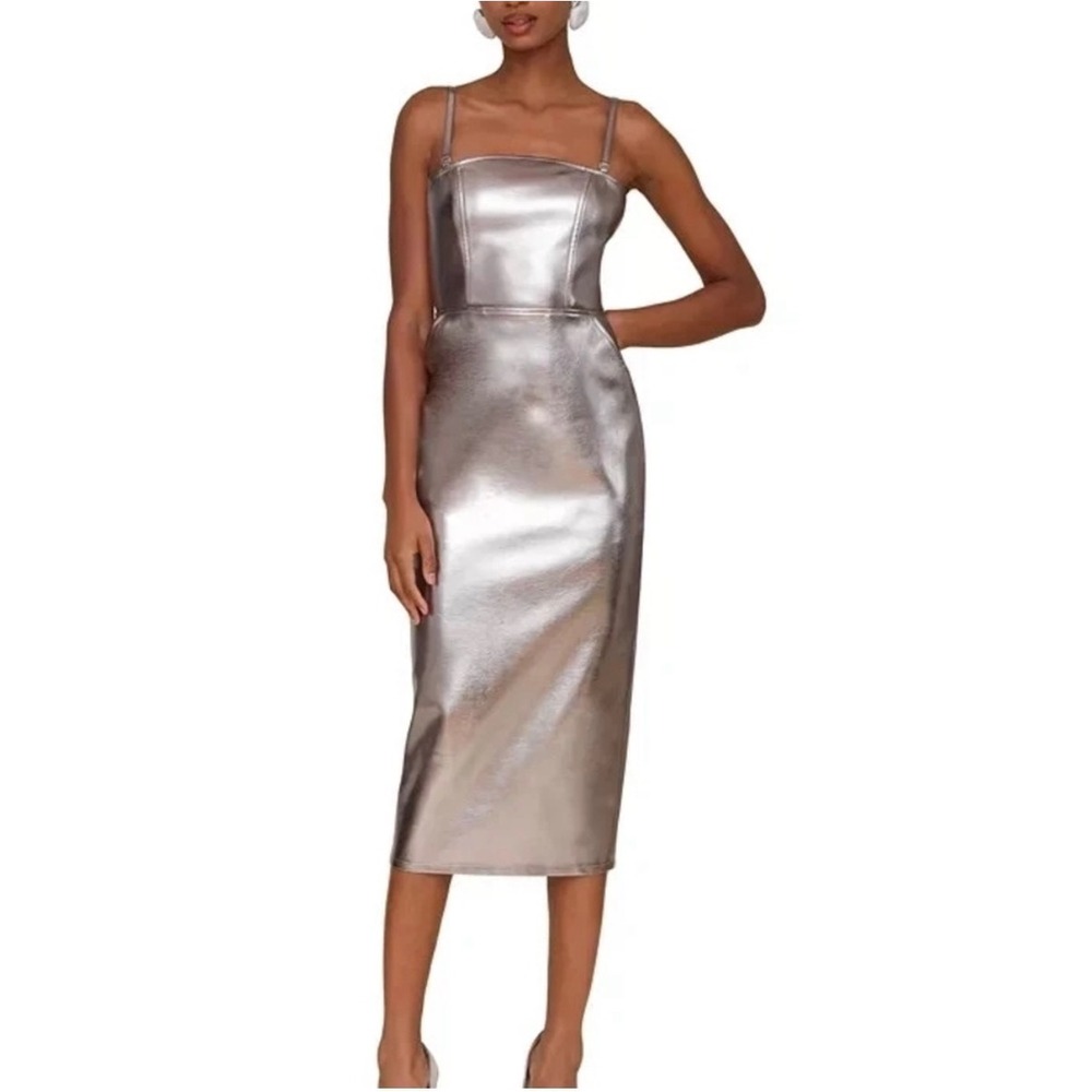 Avec Les Filles Metallic Faux Leather Midi Dress SilverBronze Square Neck Size 4